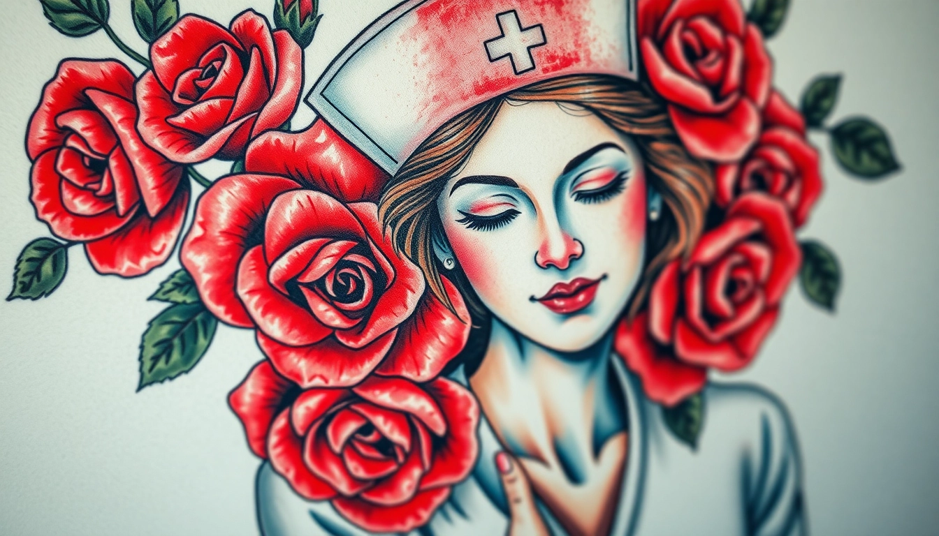 Get inspired by the detailed rose no man's land tattoo illustrating a nurse amid striking red roses.