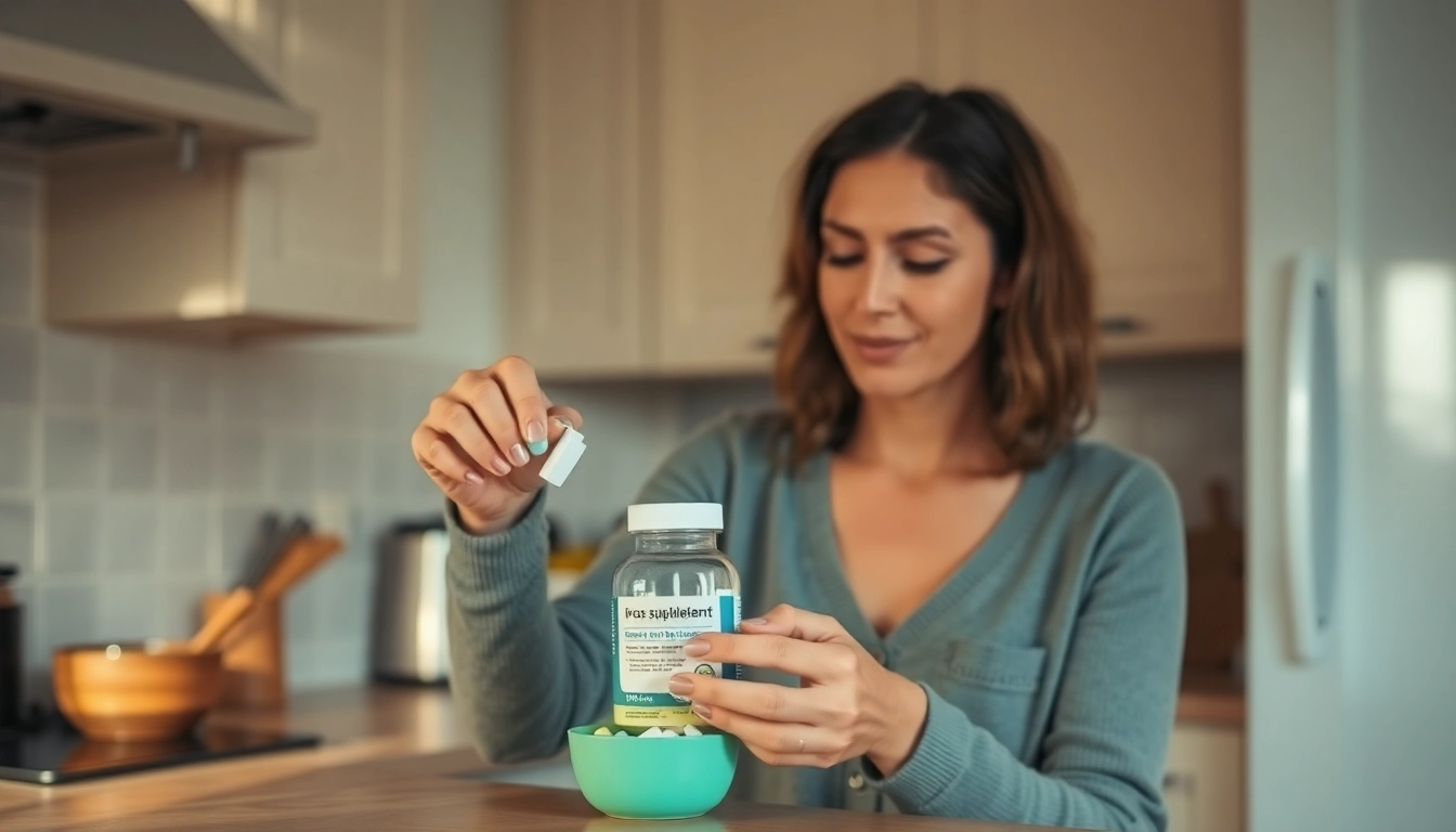 Woman measuring iron supplements for menstruation in a cozy kitchen setting.