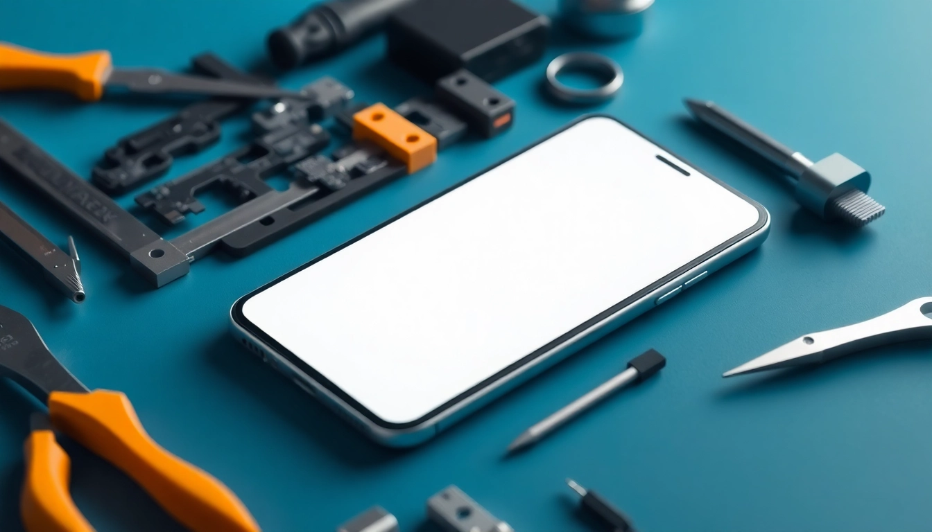 Understanding refurbished phone meaning through a smartphone restoration process depicted with tools and clean workspace.