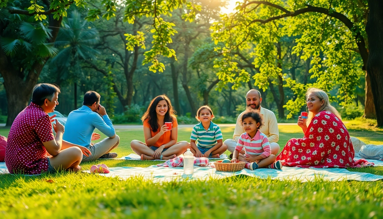 Families enjoying a lively day at a mumbai picnic point with lush green surroundings and picnic setups.