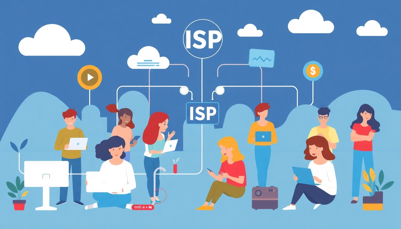 Learn what is an isp in computer through an engaging illustration of people using connected devices.