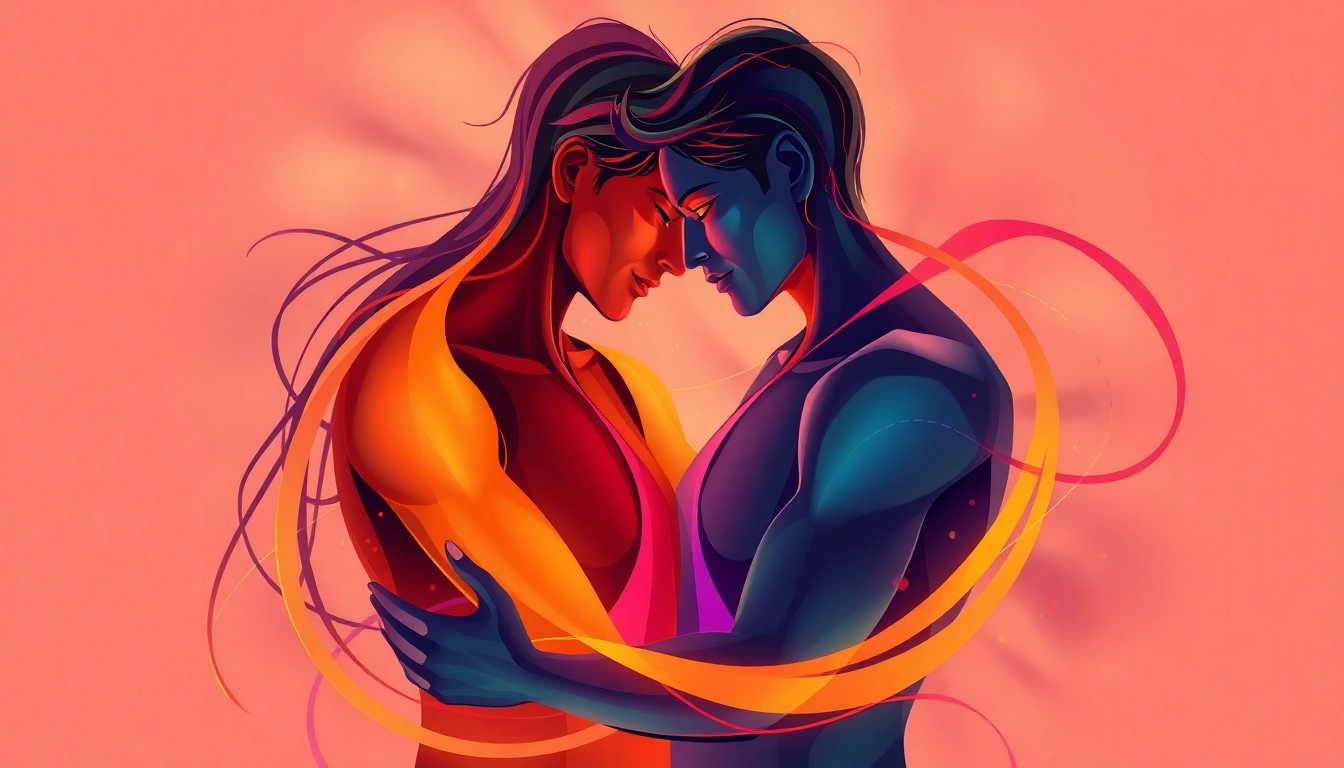 Erothtos showcases human connection through colorful abstract figures expressing deep emotions and intimacy.