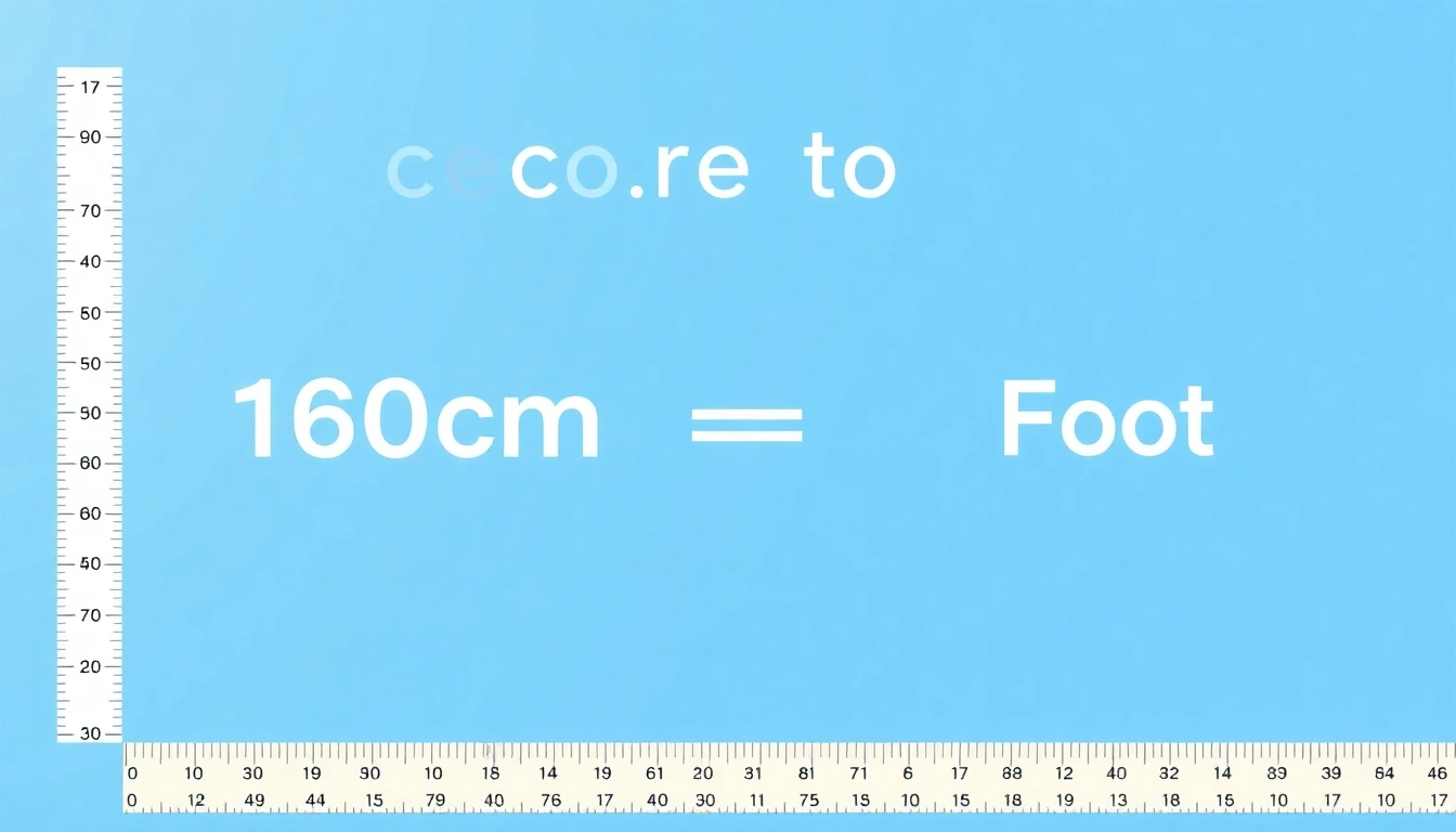 Convert 160cm to foot with an illustrated scale showing feet and inches conversion, emphasizing accuracy.