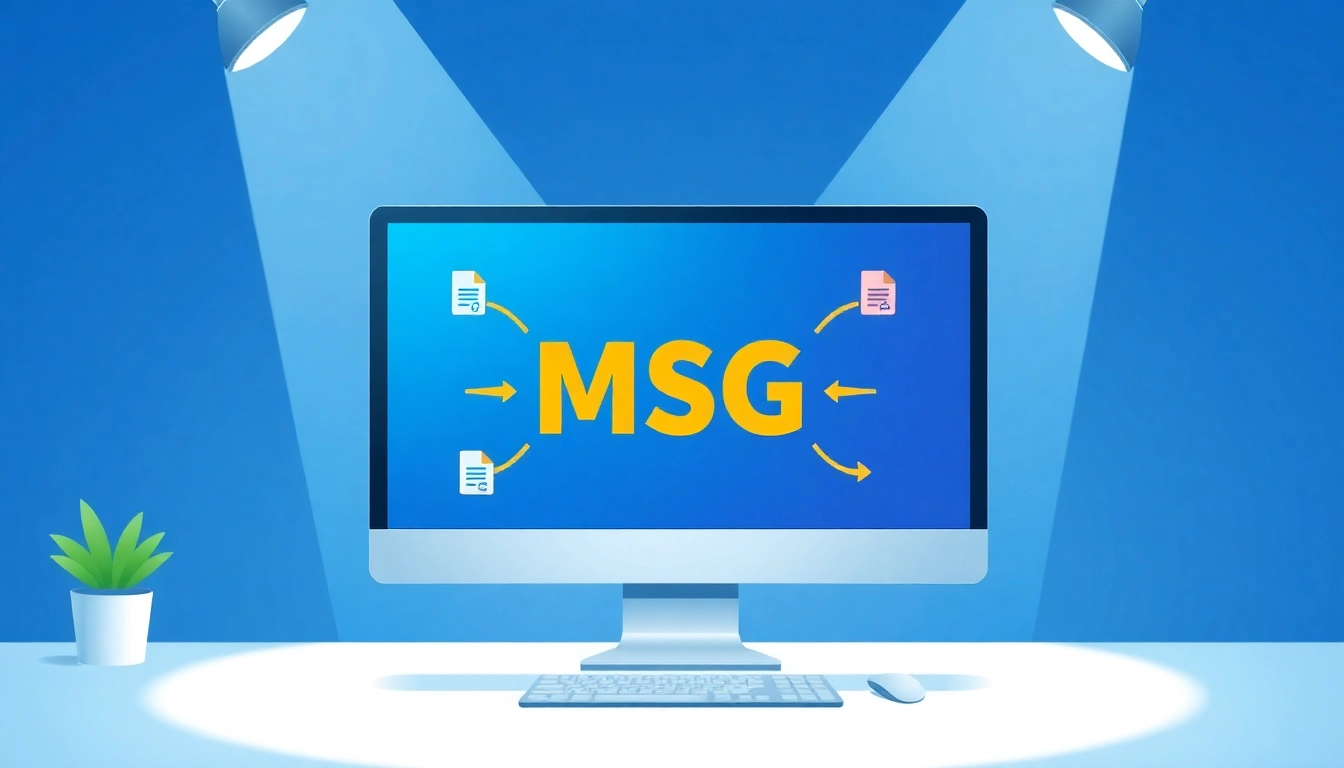 Convert MSG to HTML process illustrated on a computer screen with vibrant colors and clear steps.