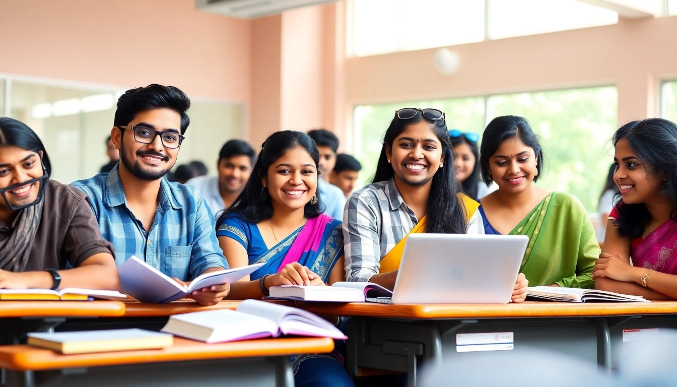 Indian students in Singapore studying together in a bright classroom environment with laptops and books.