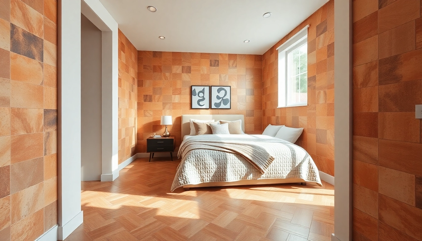 Enhance your small bedroom tiles design with stylish geometric tiles that add a cozy atmosphere, featuring warm tones.