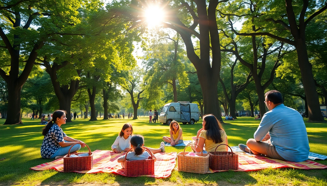 Families enjoying a delightful day at one day picnic spot mumbai, surrounded by green trees and vibrant picnic setups.