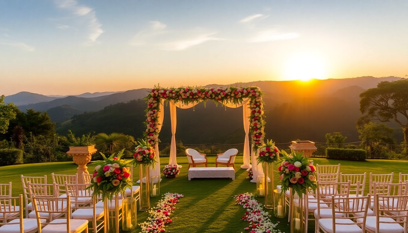 Elegant outdoor setup for a destination wedding in Lonavala with lush greenery and romantic sunset lighting.