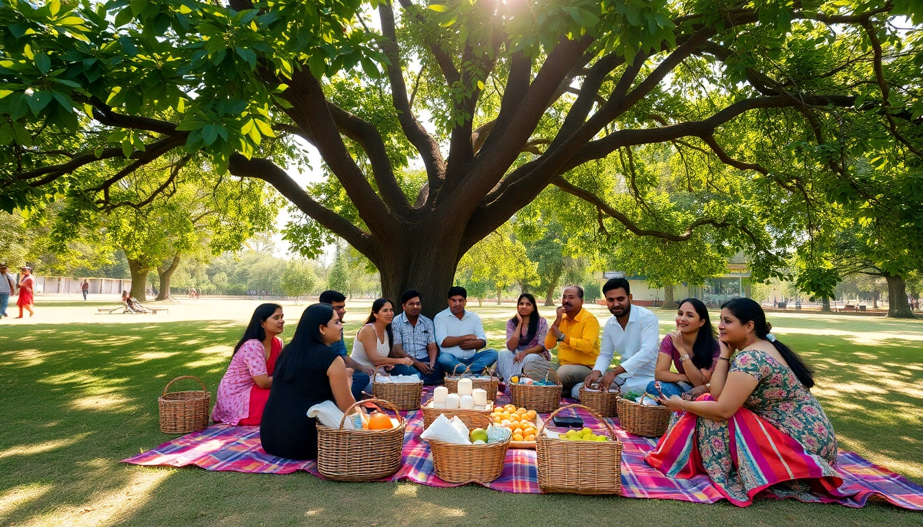 Experience picnic places in Mumbai featuring families enjoying outdoor activities under a tree with delicious food.