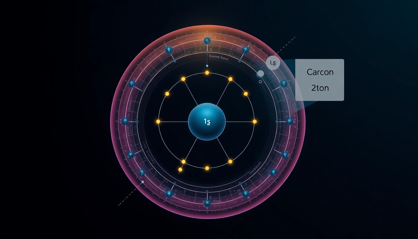 Visual representation illustrating carbon electron distribution in atomic orbitals, highlighting 1s, 2s, and 2p electrons.