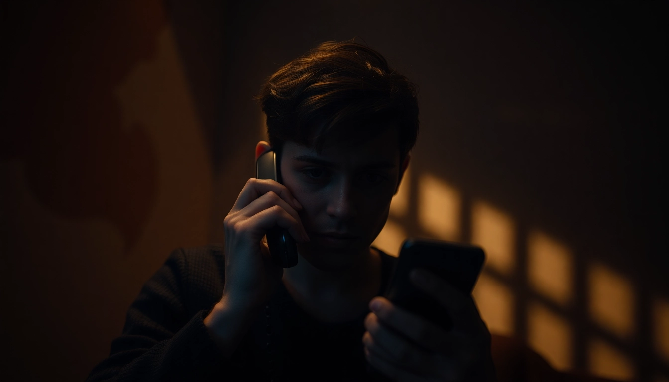 Illustration of a person engaged in sockshare calls, evoking suspense in a moody setting with dramatic lighting.