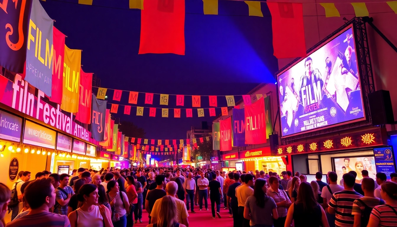 Filmygob film festival scene with vibrant colors, excited crowds, and illuminated screens celebrating cinema culture.