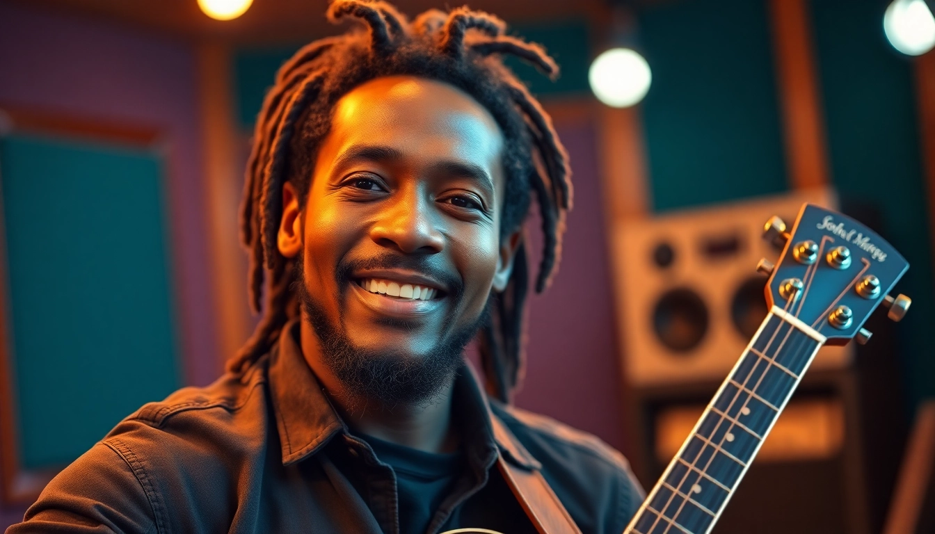 Joshua Omaru Marley age showcased while performing guitar in a studio setting, capturing his artistic vibe.