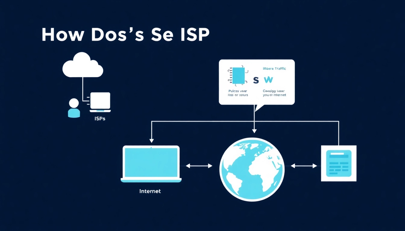 Illustration showing how does ISP work, depicting the flow of internet traffic from users through ISPs to the broader network.