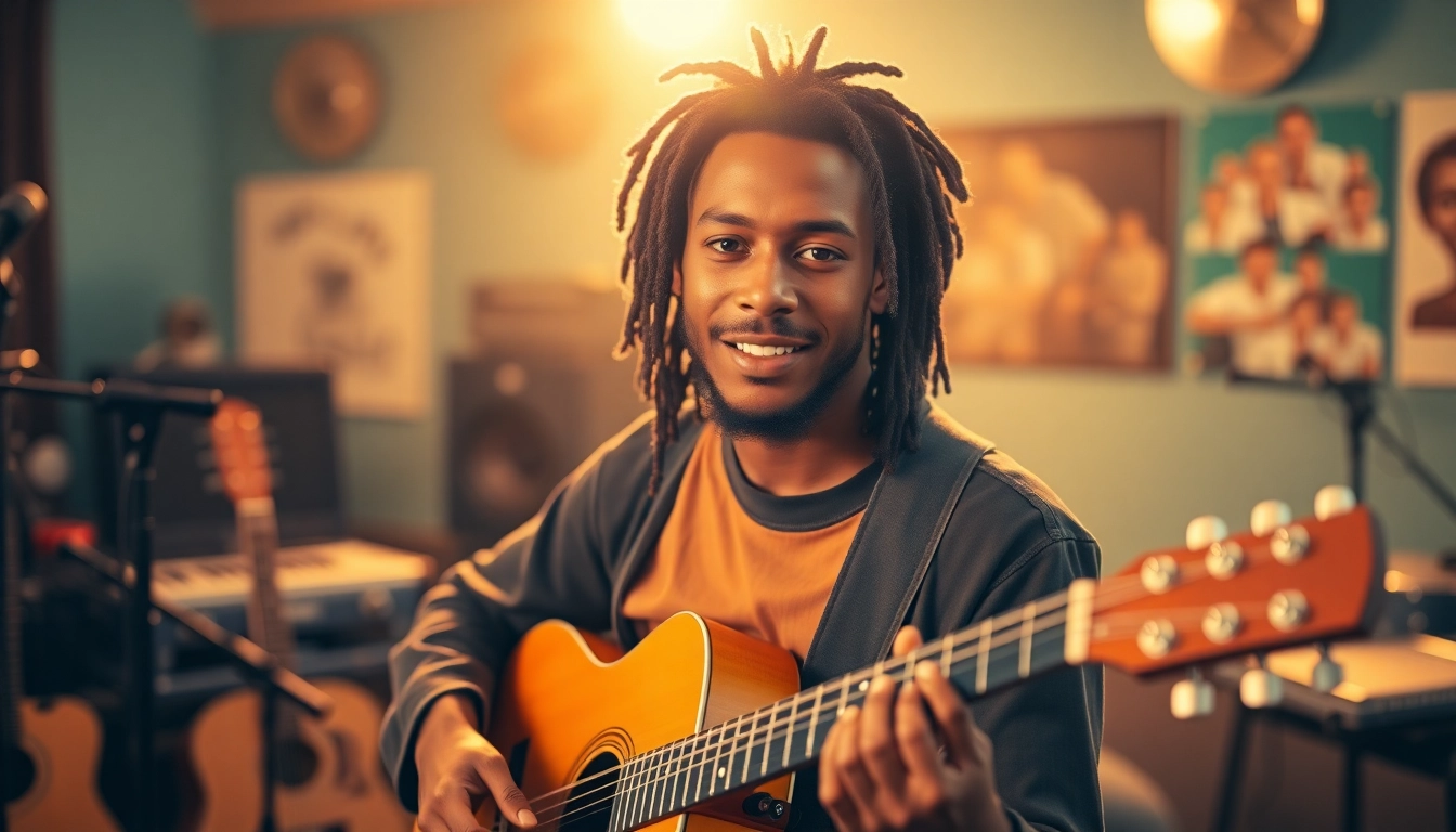 Joshua Omaru Marley born December 5, 2001, shows his musical talent while playing guitar in a vibrant studio.