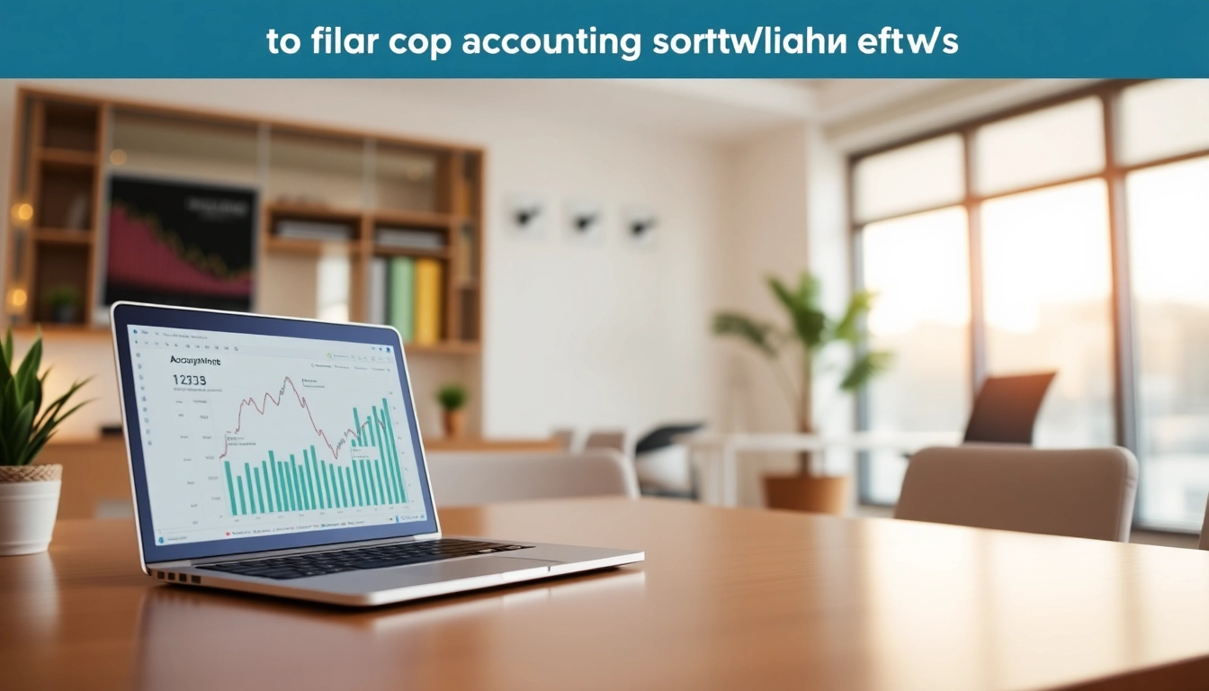 Showcase أفضل برامج المحاسبة في السعودية with a laptop illustrating accounting software features and financial data.