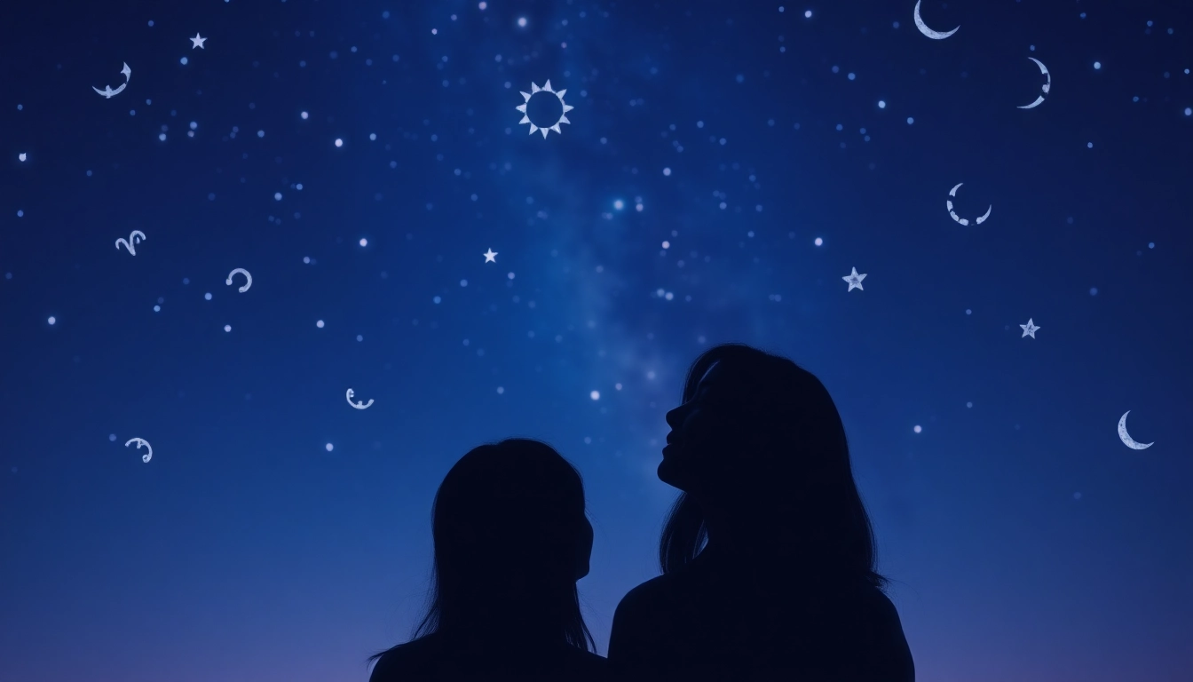 Envision a peaceful moment referencing love kundli match under a starry sky.