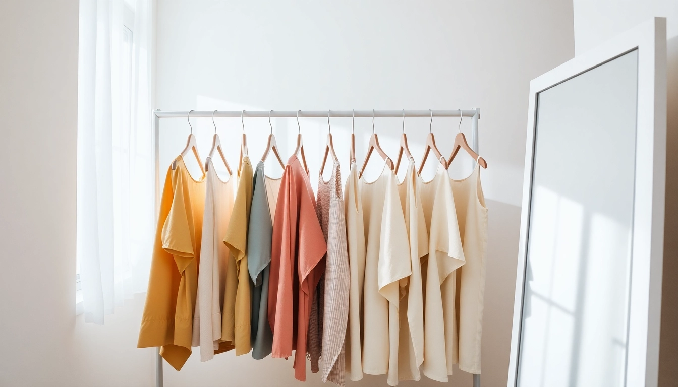 Explore how to style tunics with colorful outfits in a bright dressing room.