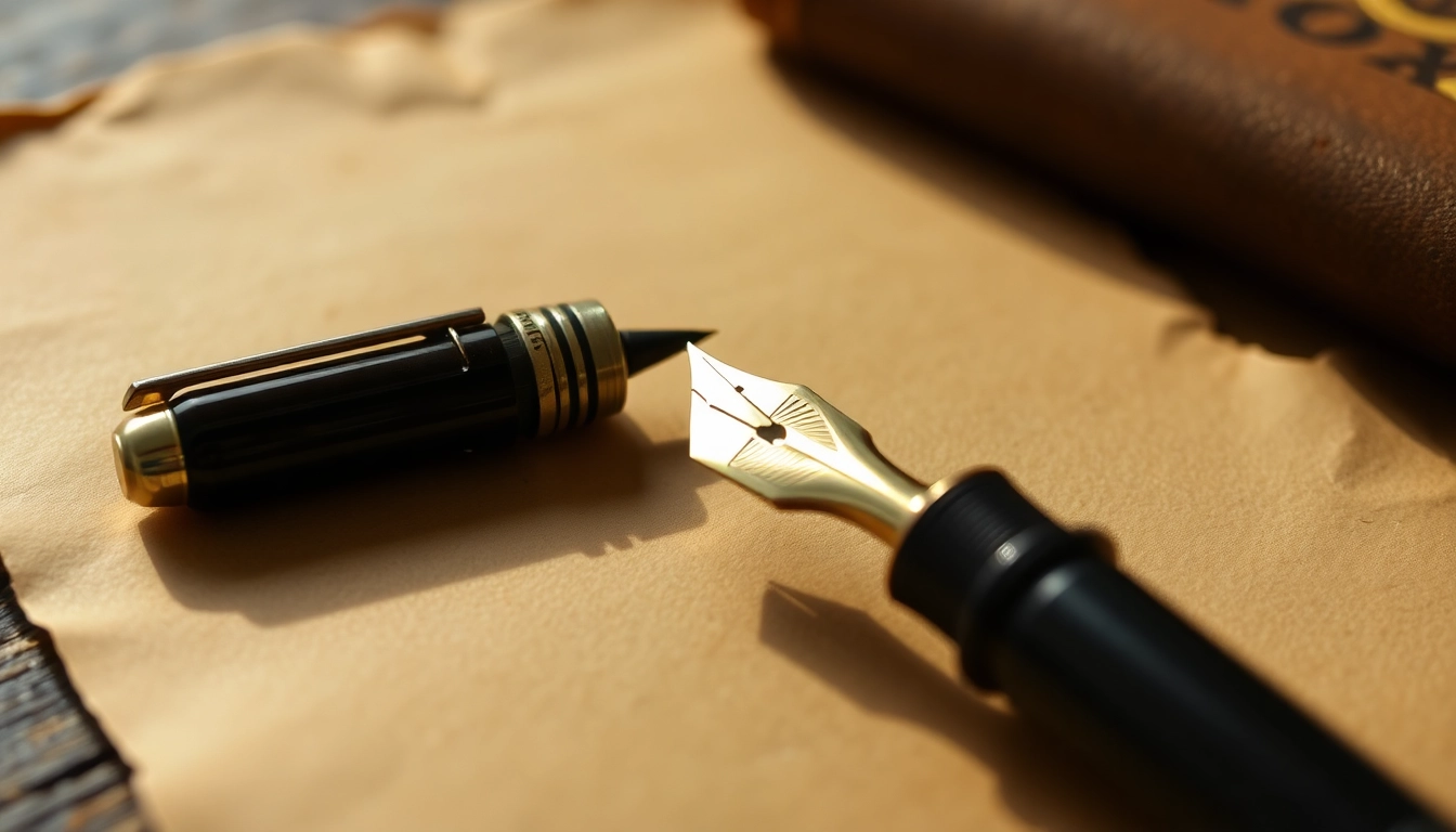 Exploring who invented the fountain pen? An elegant vintage fountain pen with intricate design on parchment.