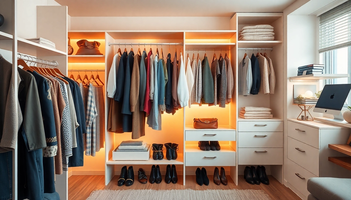 Showcase innovative wardrobe setting ideas with neatly arranged clothing and stylish decor in a cozy environment.