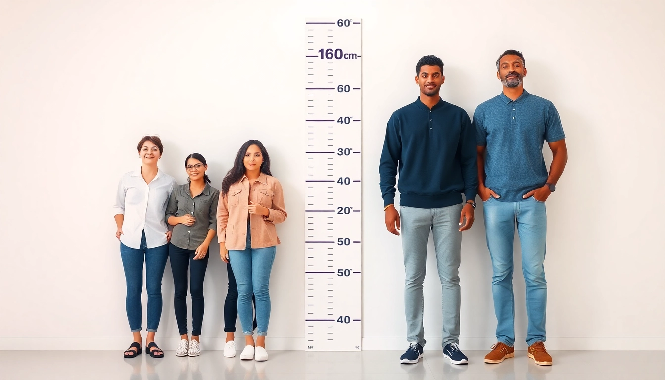 Illustrate the conversion of 160 cm to height, featuring diverse individuals next to a height chart for visual reference.