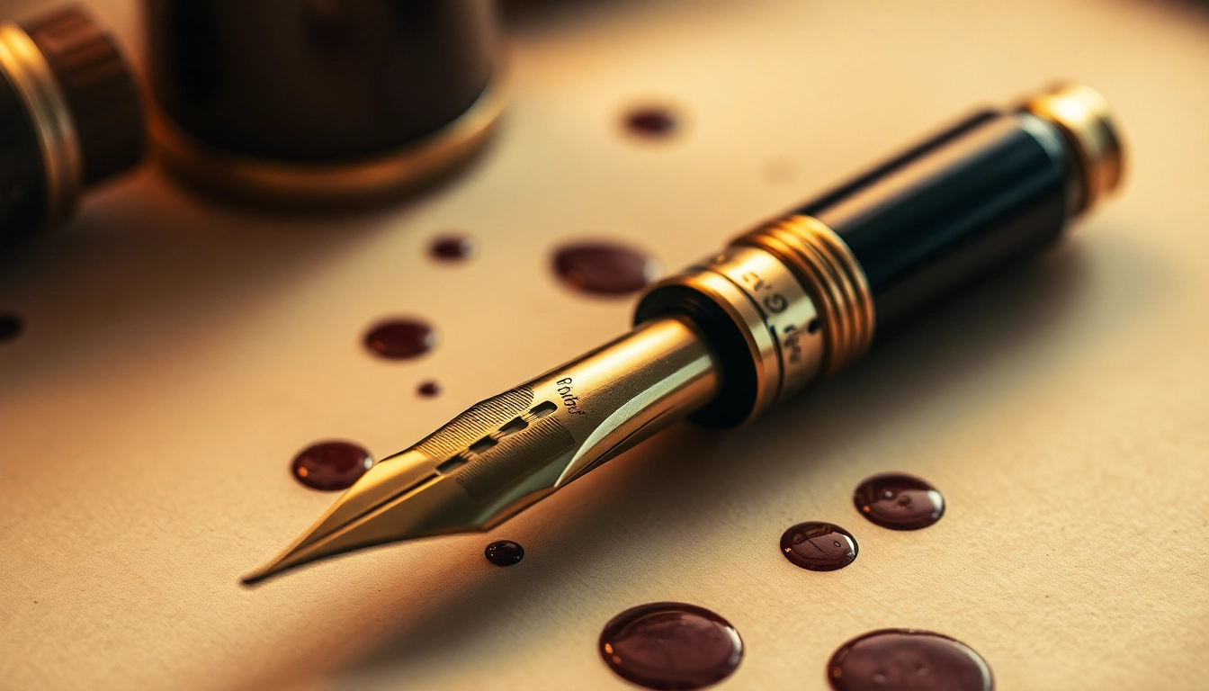 An elegant vintage fountain pen showcasing the invention of the fountain pen, with intricate designs against a parchment background.