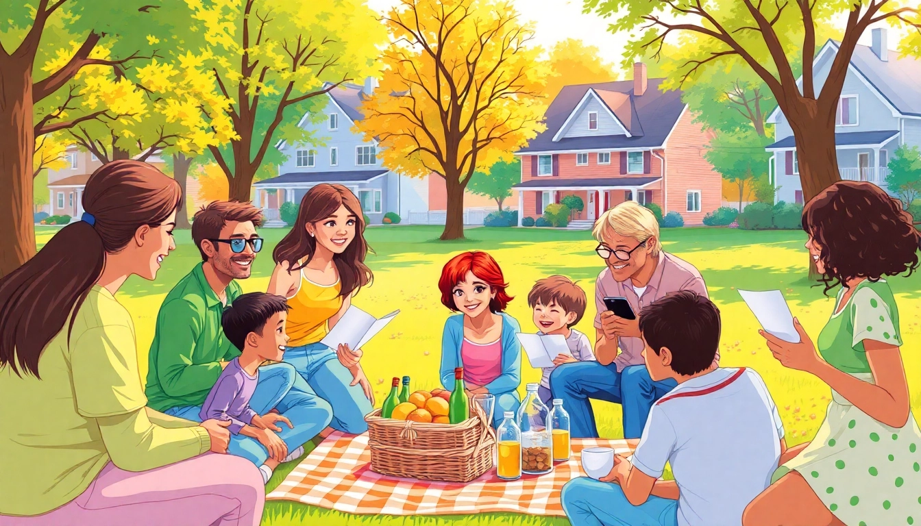 Engage with neighborhood news as families share updates during a local gathering in a park.