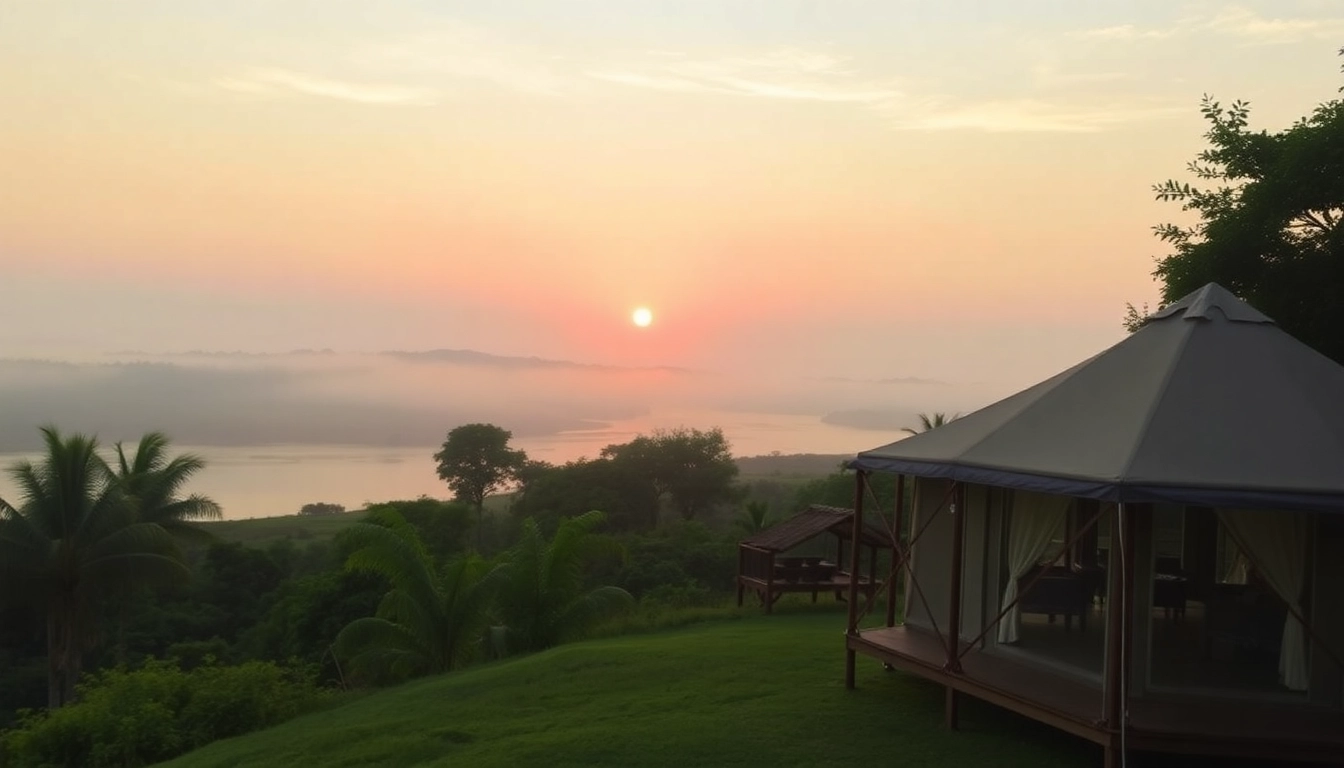 Sunrise view of the Satkosia eco retreat with luxurious tents nestled by the Mahandi river amidst lush greenery.