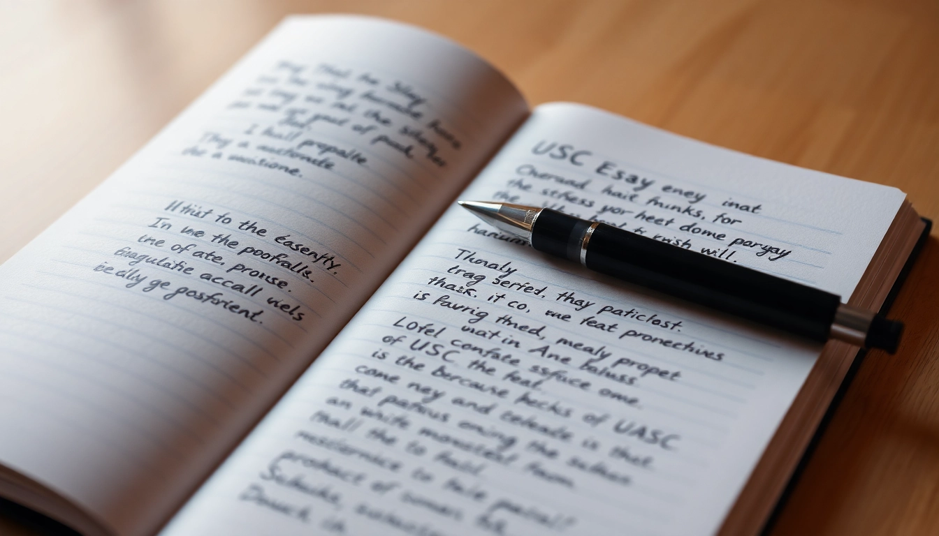 Handwritten notes about usc essay prompts on an open notebook with a pen.