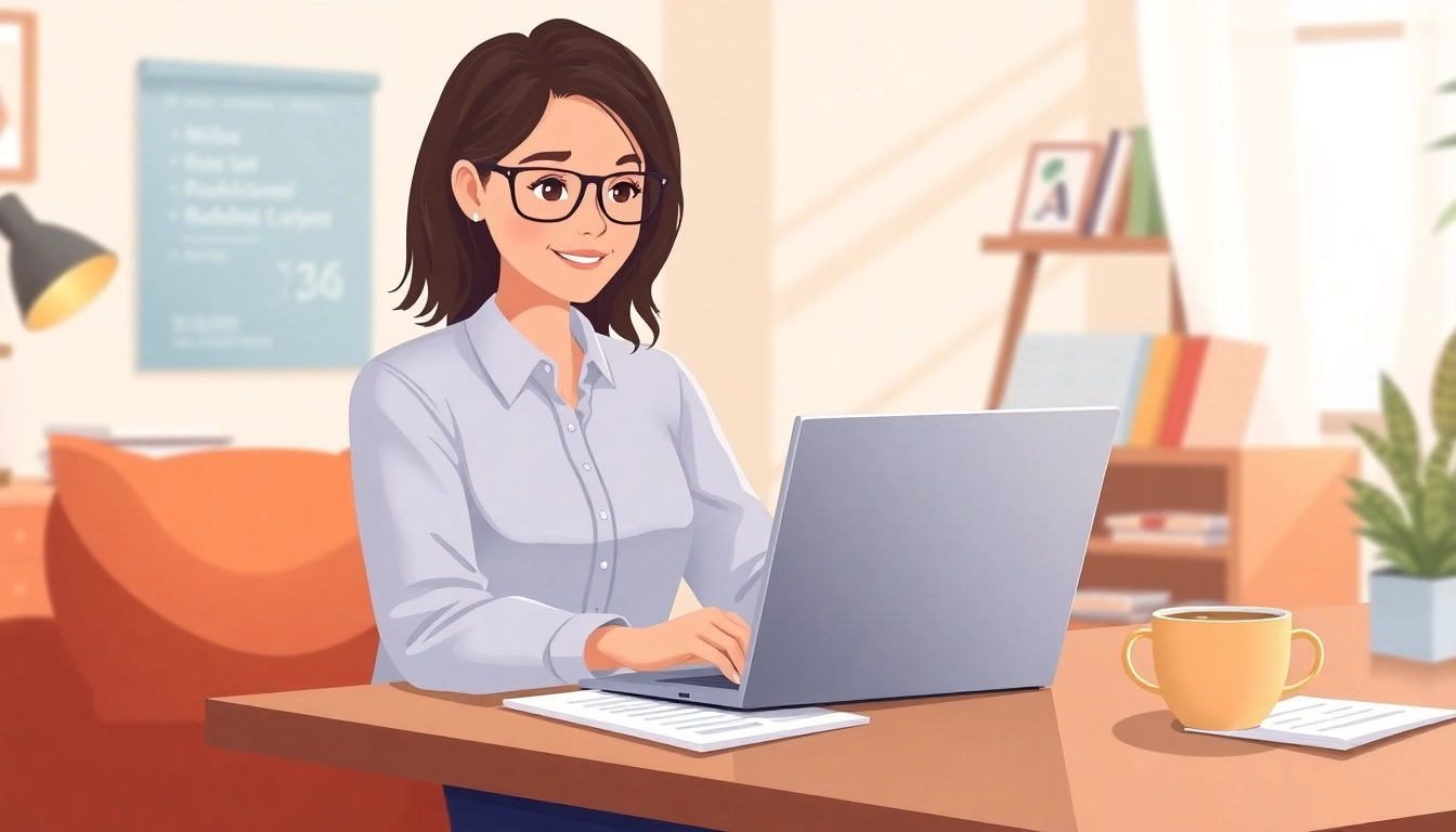 Show how much do virtual bookkeepers make by depicting a virtual bookkeeper working in a home office setting.