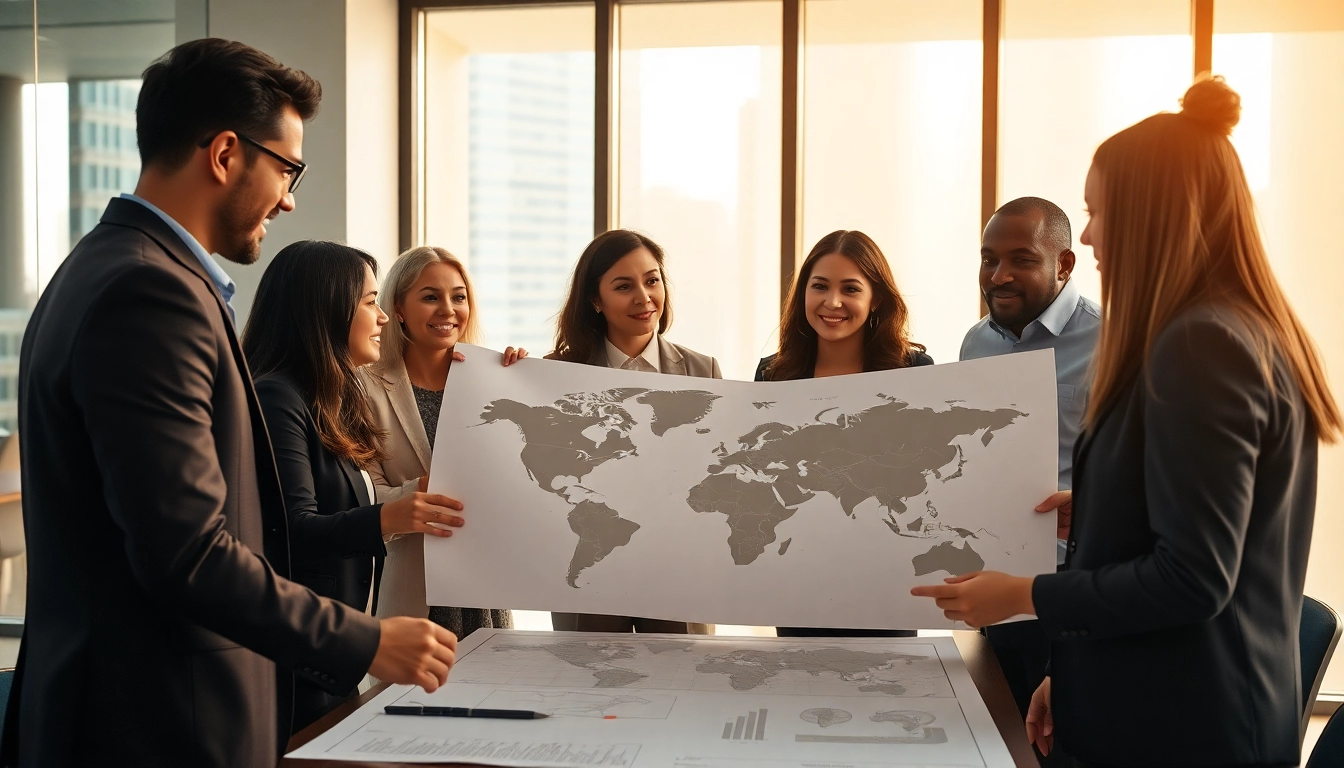 Illustration of a team analyzing a turnkey project in international business within a conference room.