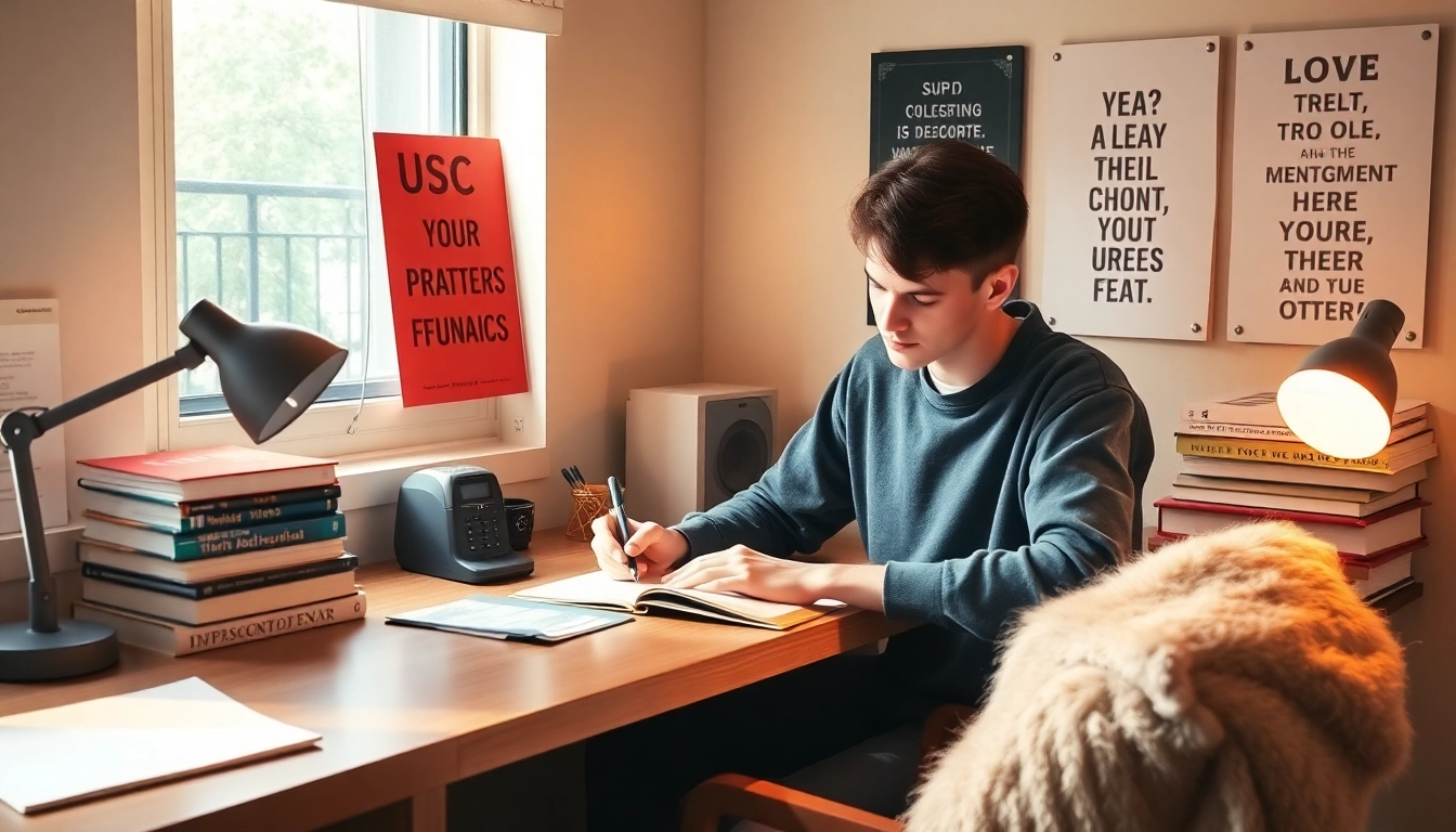 Student drafting a usc essay in a cozy study corner with books and inspiring decor.