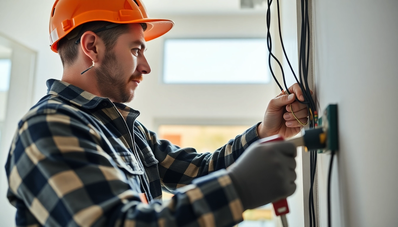 iElectrical electrician installing wiring in a modern home, showcasing expertise and professionalism.