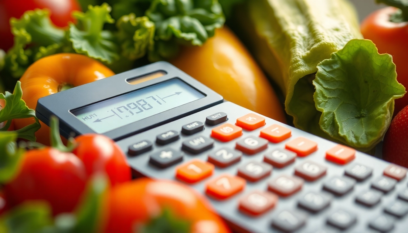 Calculate how to convert energy to calories using a scientific calculator alongside fresh produce.