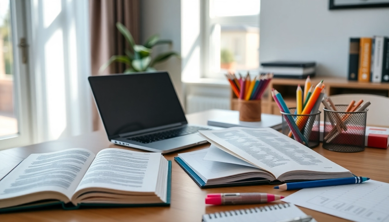 Explore ca intermediate subjects with a study desk showcasing open books and a laptop.