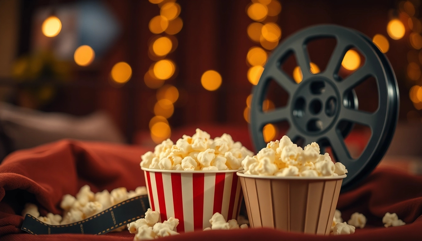 Watch movies on uploadarticle.com movies platform with a film reel and popcorn in a cozy ambiance.