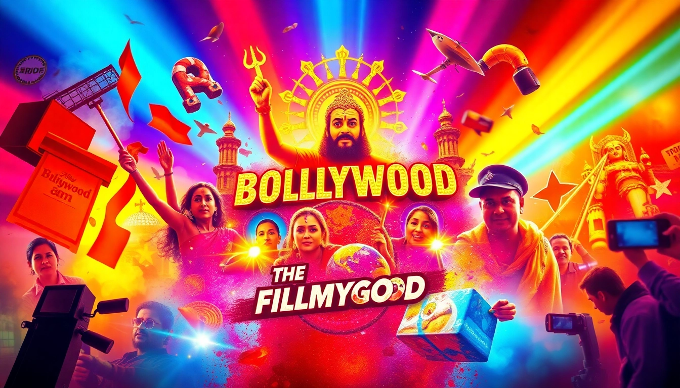 Showcasing the filmygod with colorful Bollywood movie motifs and dynamic elements, capturing cinematic excitement.