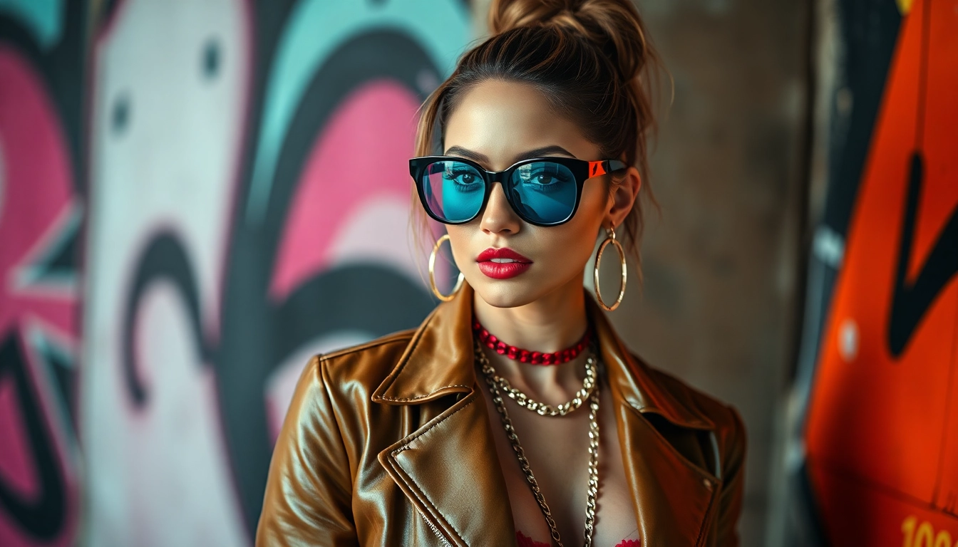 Baddiehub-style woman showcasing confidence through bold fashion against a graffiti backdrop.