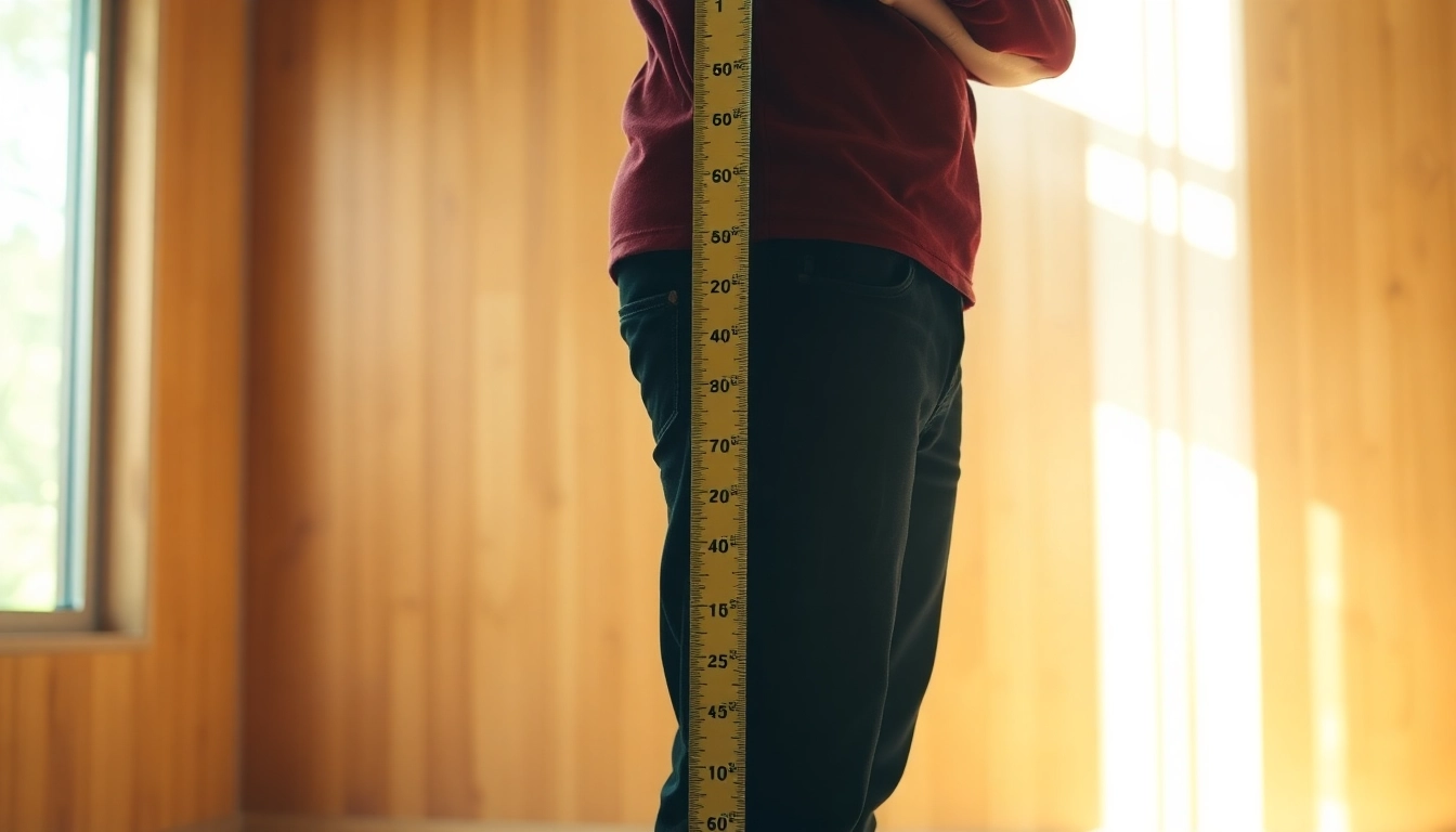 This image illustrates how tall is 180 cm, showing a person measured against a tape in a well-lit environment.