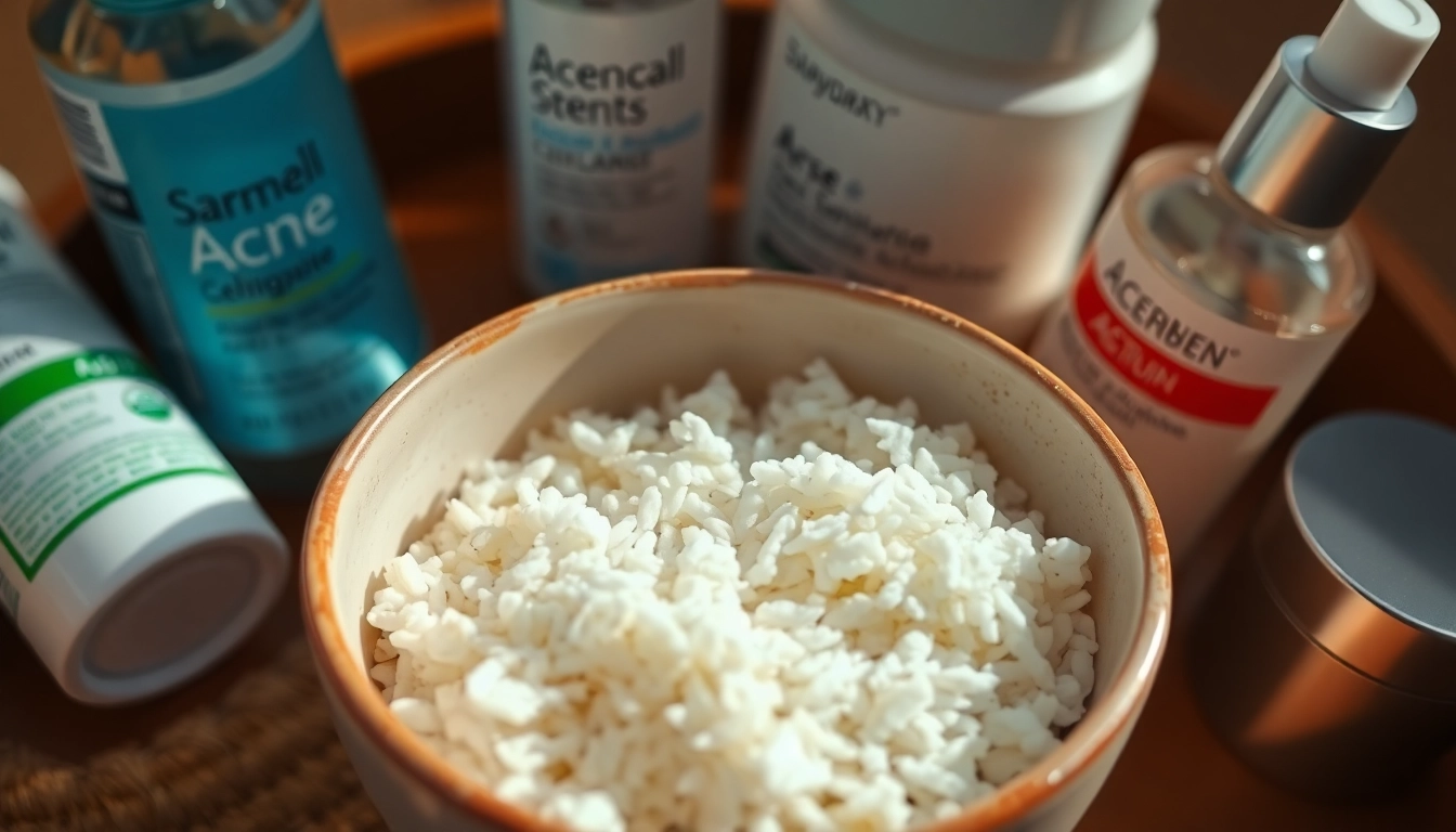 Explore whether can rice cause acne through a styled bowl of rice next to skincare products.