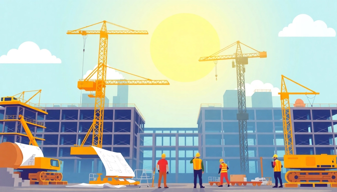 Visualize turnkey projects in international business with construction workers collaborating on a site.