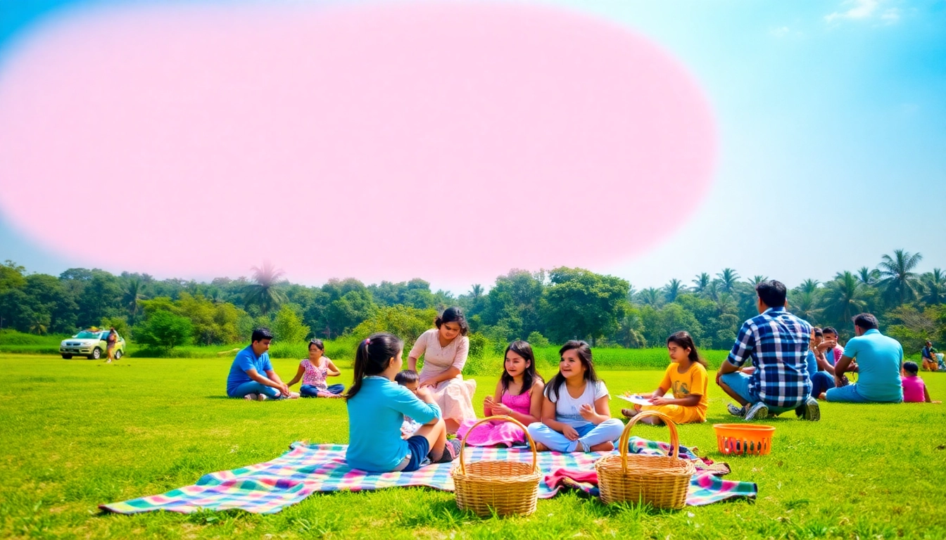 Enjoy a sunny day at a one day picnic spot in Mumbai with families gathered on grass, surrounded by green trees.