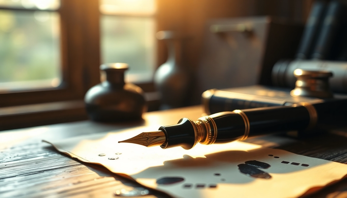 Explore who invent fountain pen with a vintage fountain pen resting on a wooden desk illuminated by warm sunlight.