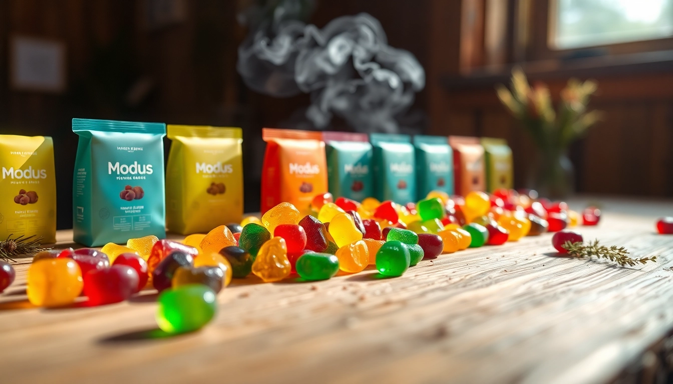 Indulge in Modus edibles featuring a rainbow assortment of Delta 8 gummies displayed on a rustic table.