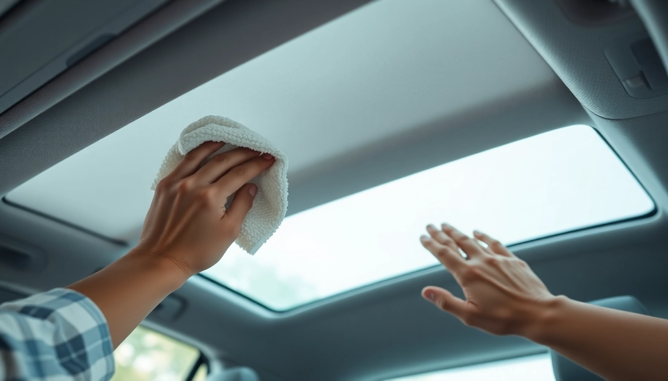 Cleaning the roof of a car's interior with a microfiber cloth to remove stains elegantly.