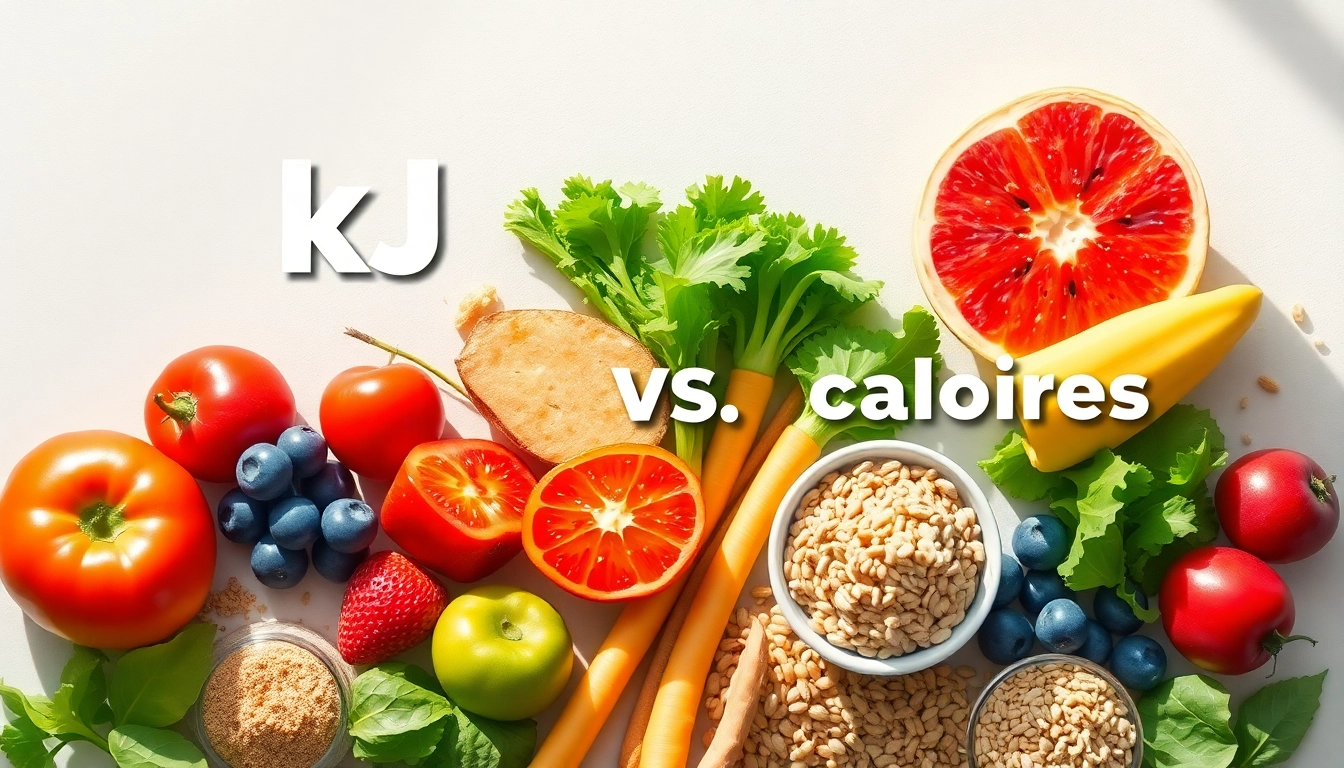 Illustrate what is kj calories with a balanced meal showcasing energy sources in kJ.