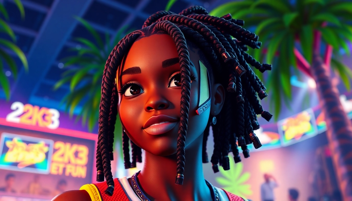 Showcasing a character with stylish 2k23 braids in a colorful gaming setting, emphasizing unique hairstyle designs.