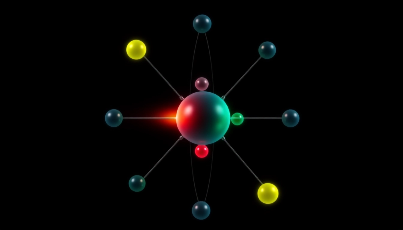 Visualize the electron for carbon illustrating six electrons around a nucleus in a bright, dynamic style.