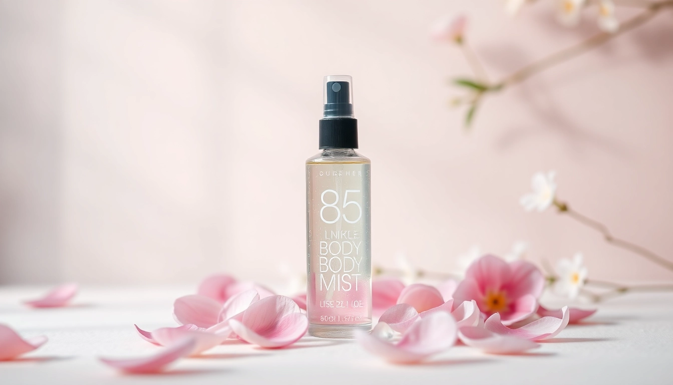 Understand the body mist meaning through a beautifully designed mist bottle surrounded by flowers.