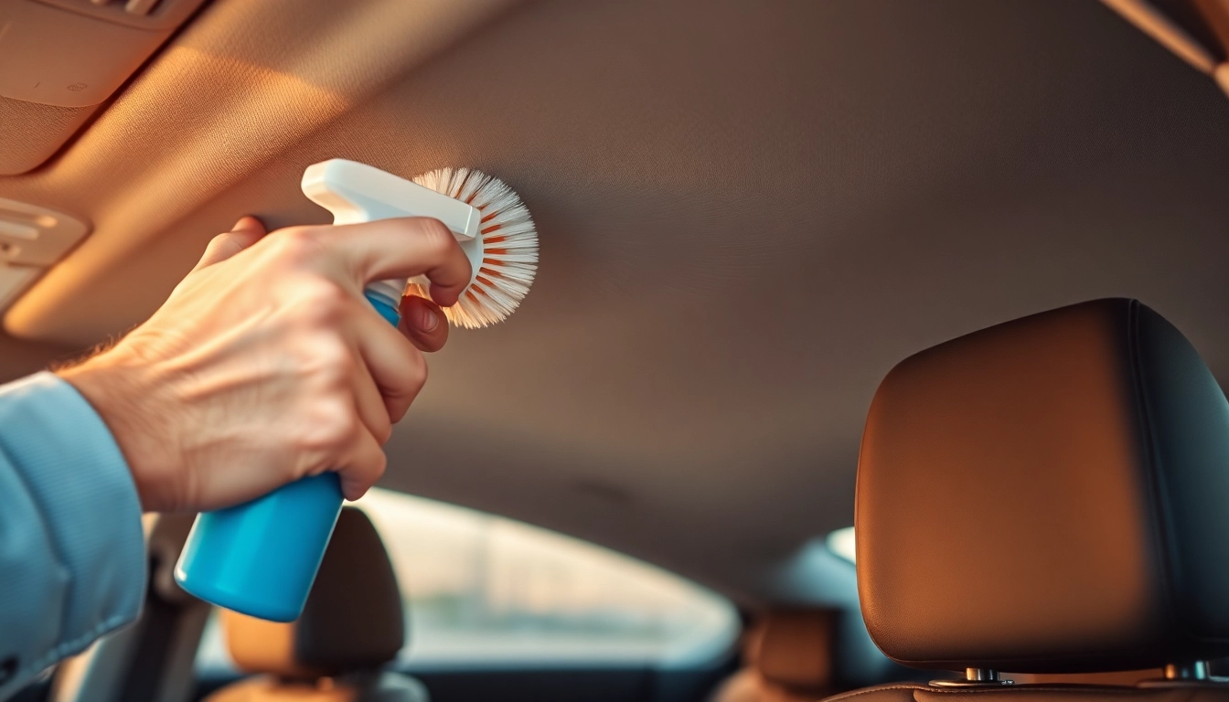 Cleaning the interior roof of a car with a soft brush and upholstery cleaner for a spotless finish.